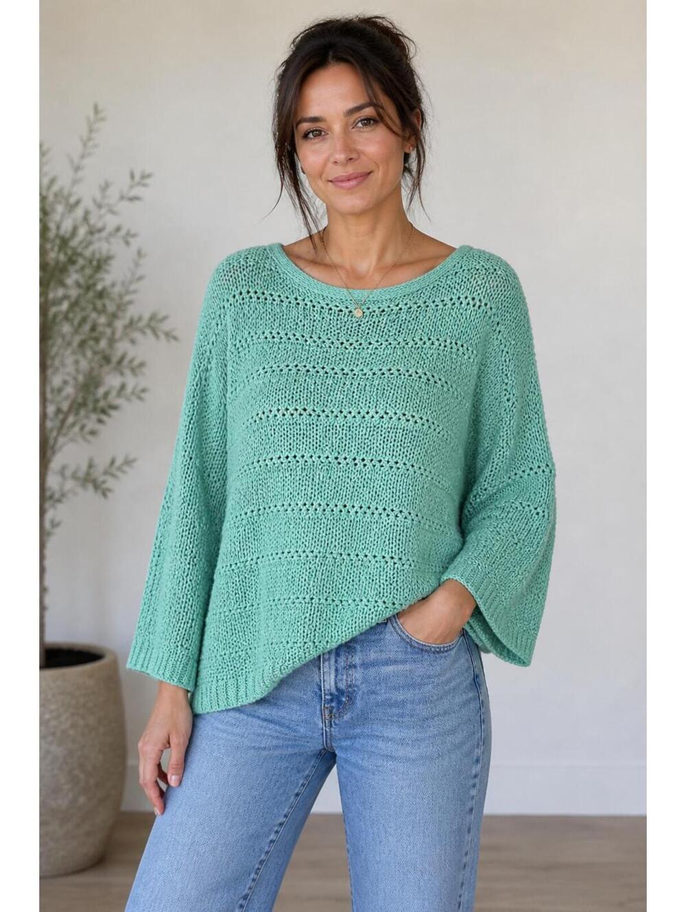 Chico’s Knit Sweater Teal Open Knit Pullover Size 1